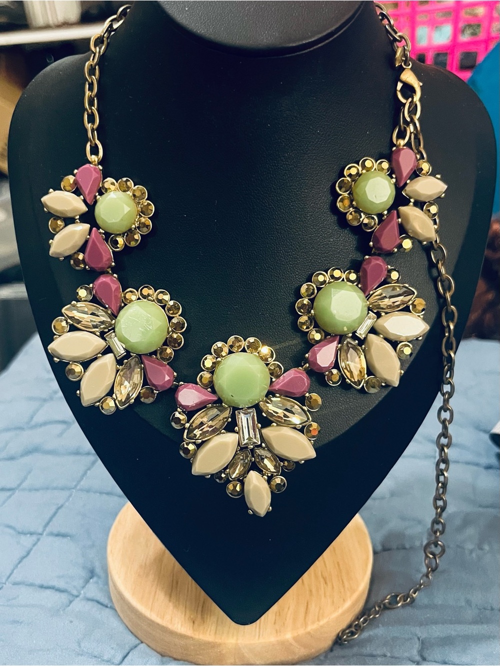 J. CREW Statement Necklace Gold Shiny Rhinestones Green Purple Beige Stones 24”